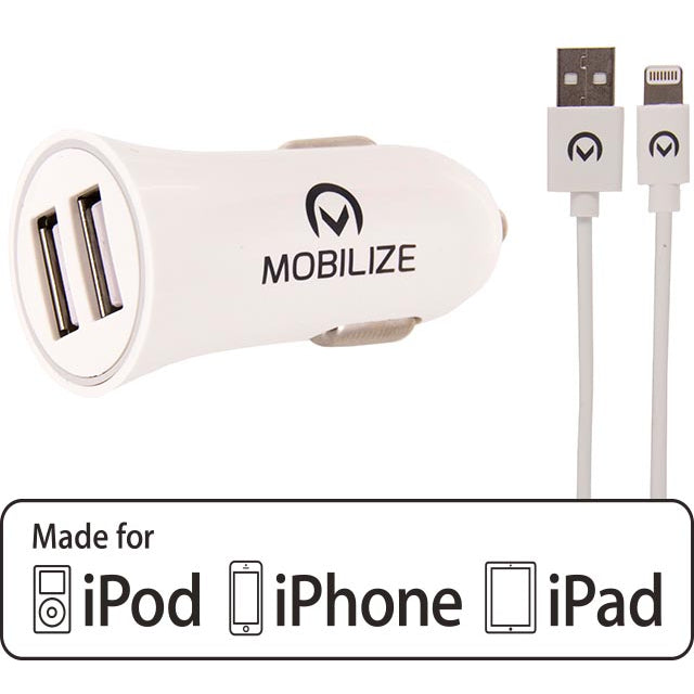 Mobilize Car Charger 2x USB 24W + USB to Apple MFi Lighting Cable 1m. White