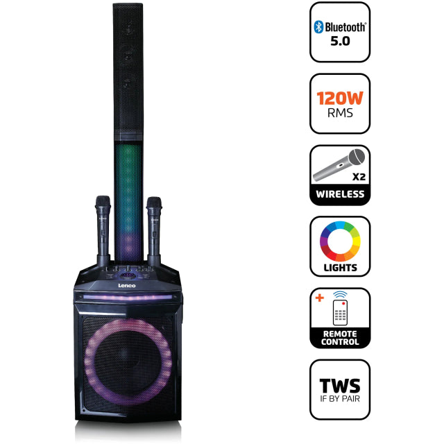PA-220BK Lenco Bluetooth Party Speaker + Remote + 2 Microphones Black