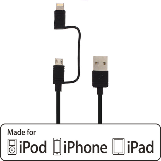 Mobilize 2in1 Cable USB to Apple MFi Lightning or Micro USB 1.5m. Black
