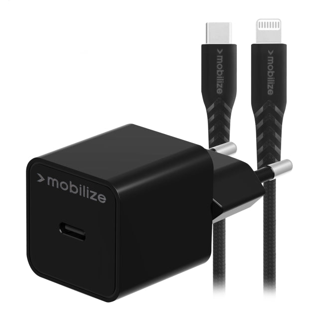 Mobilize Wall Charger USB-C 20W with PD + MFi Lightning Nylon Cable 1.2m Black