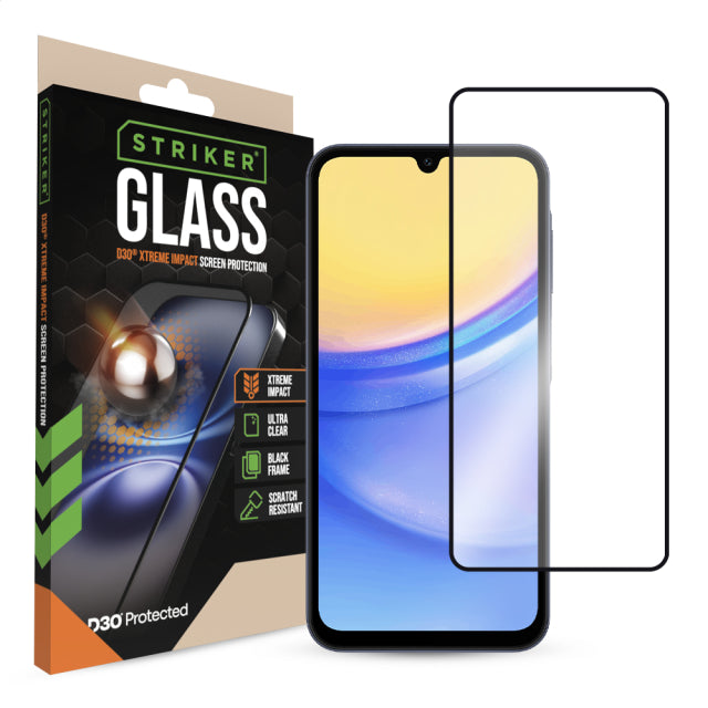 Striker D3O Xtreme Impact Glass Screen Protector - Black Frame - Samsung Galaxy A15 (4G/5G)