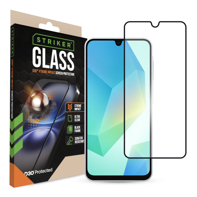 Striker D3O Xtreme Impact Glass Screen Protector - Black Frame - Samsung Galaxy A16 (4G/5G)/A17 (4G/5G)/A26 5G