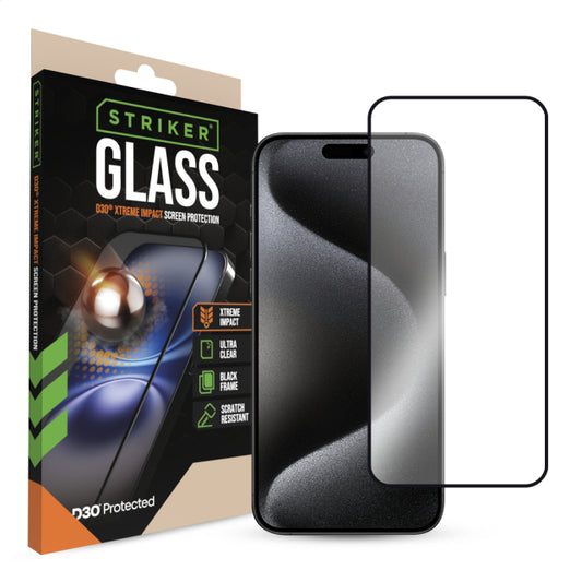 Striker D3O Xtreme Impact Glass Screen Protector - Black Frame - Apple iPhone 15 Pro Max