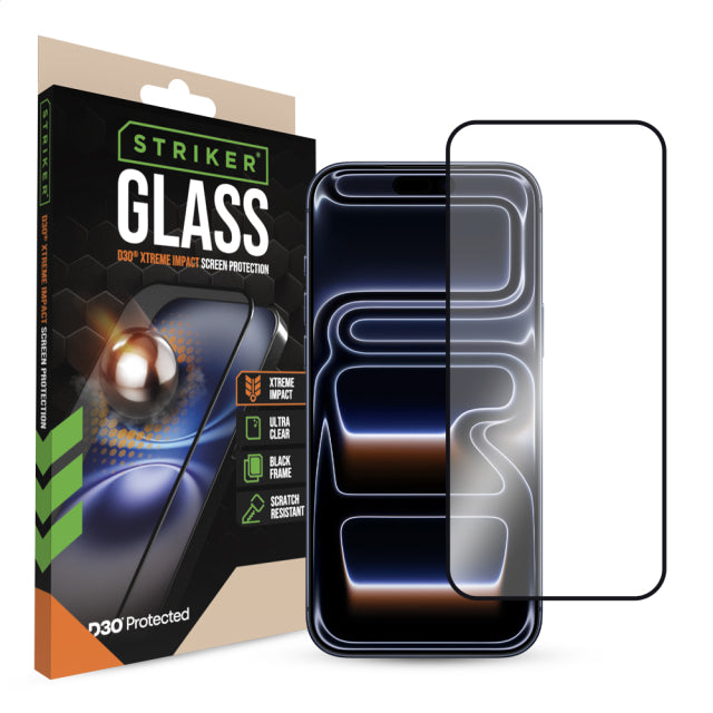 Striker D3O Xtreme Impact Glass Screen Protector - Black Frame - Apple iPhone 16 Pro Max/17 Pro Max
